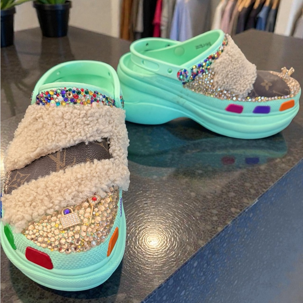 Colorful Platform Clogs with Rhinestones Bling Details RARE ONE OF A KIND